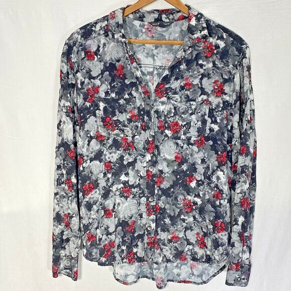 ROCK & REPUBLIC Blouse Floral Black White Button Front Roll Tab Sleeve Womens S - Picture 2 of 9